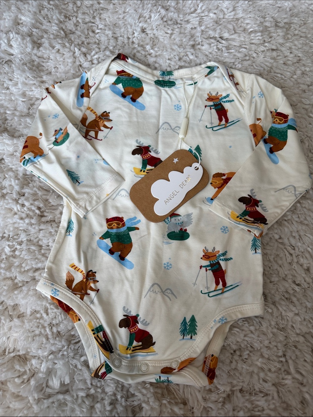 Angel Dear Cream Long-Sleeve Ski Animal Print Bodysuit